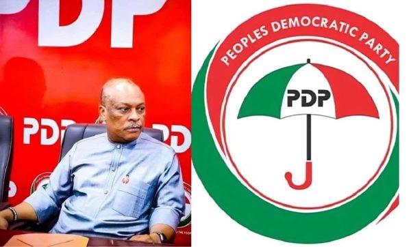 Samuel Anyanwu and the PDP logo,